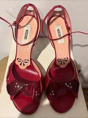Moschino Red Leather Petal-Trim Ankle-Strap Heels
